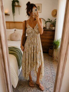 Angie Floral Handkerchief Hem Midi Dress Size Large Boho Cottagecore
